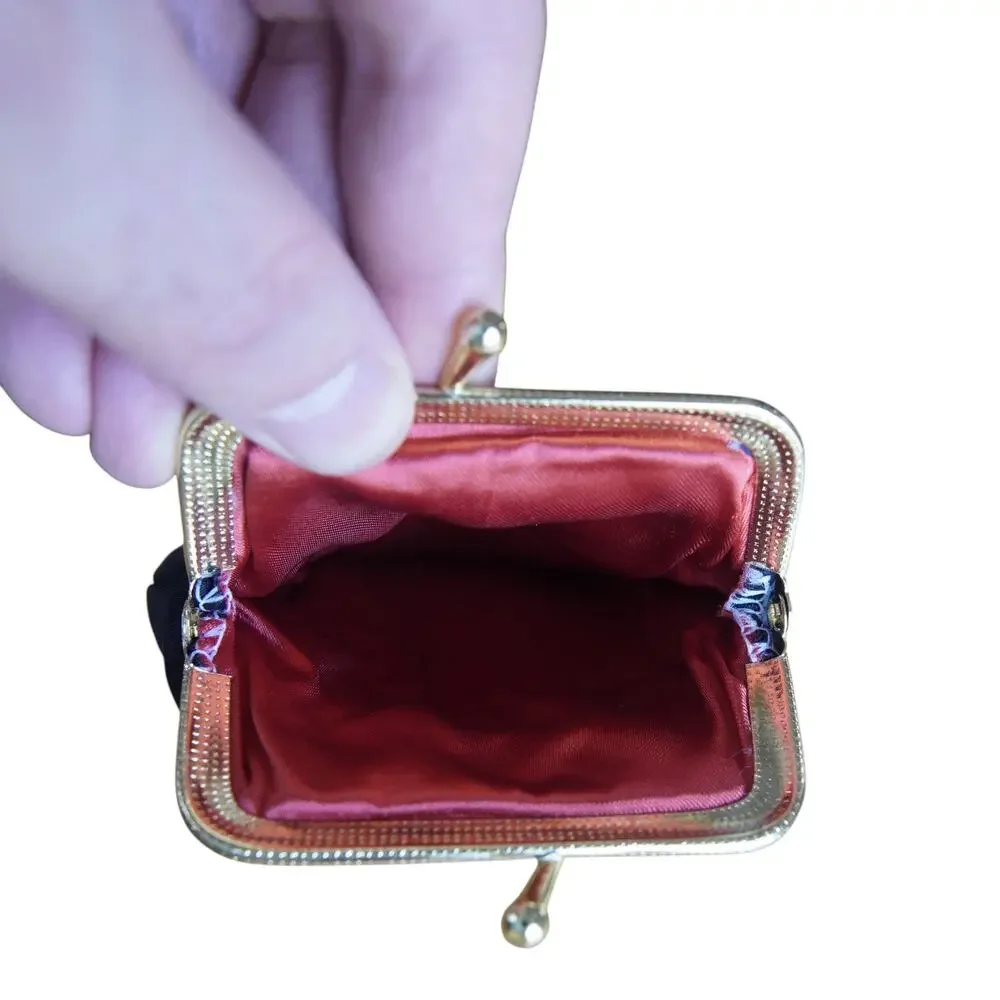Vintage Black Silk Clutch Floral Embroidery Red Lining Gold Kiss Lock Bag
